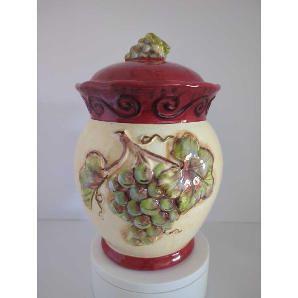 Vintage Fruit Pattern Cookie Jar Certified International Ceramic  Red 8 Inch